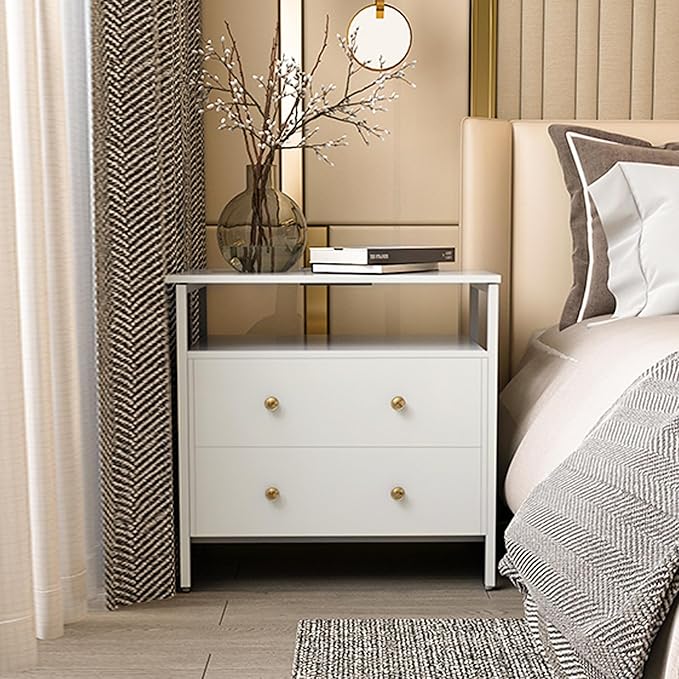 Edbuosy 27 inch Wide Night Stand with Charging Station, Bedside Table with Open Shelf, 2 Drawers Small Wood Dresser, Modern Wood Nightstand for Bedroom/Living Room (White)