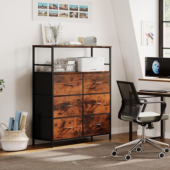 DreamDashio 51" H Tall Mobile File Cabinet, Rolling Printer Stand with 6 Drawers, Adjustable Hanging Rails for A4/Letter/Legal Files, Fabric Vertical Filing Cabinet for Home Office, Rustic Brown