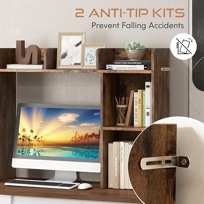 Tangkula Desktop Bookshelf, Countertop Storage Hutch with 5 Shelves for Computer Desk, 3-Tier Display Rack, Multipurpose Wood Desktop Hutch Storage Organizer for Dorm Office, Brown