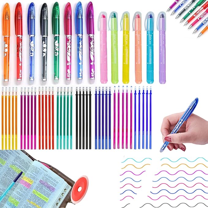 ZAYSWDNS 55 Pcs Bible Journaling Kit With 6 Gel Highlighters 8 Colorful Erasable Gel Pens and 40 Refills & 1 Erasable Gel Pen Eraser,No Bleed, for Bible Study Journaling Planner Notes School Supplies