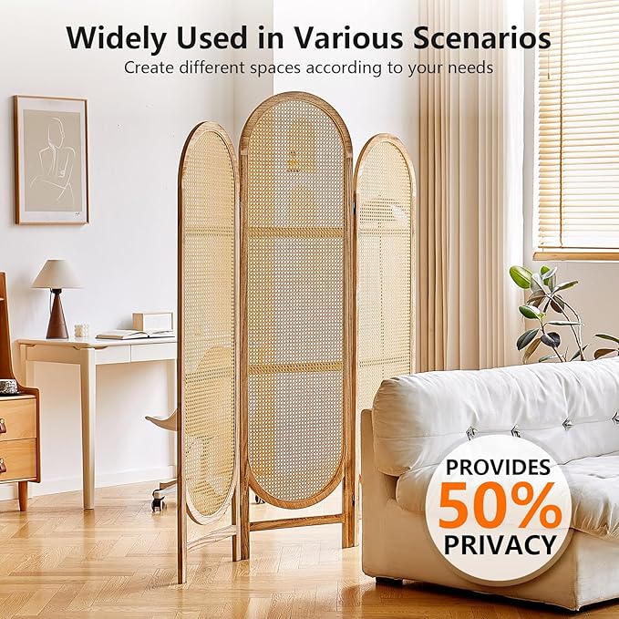 Asnefeli Room Divider 3 Panels, Hand-Woven Rattan Room Divider Wall, Foldable Wood Divider Screen, Creative Divider Wall, Folding Privacy Screens, Unique Design Privacy Divider Panel (Natural)