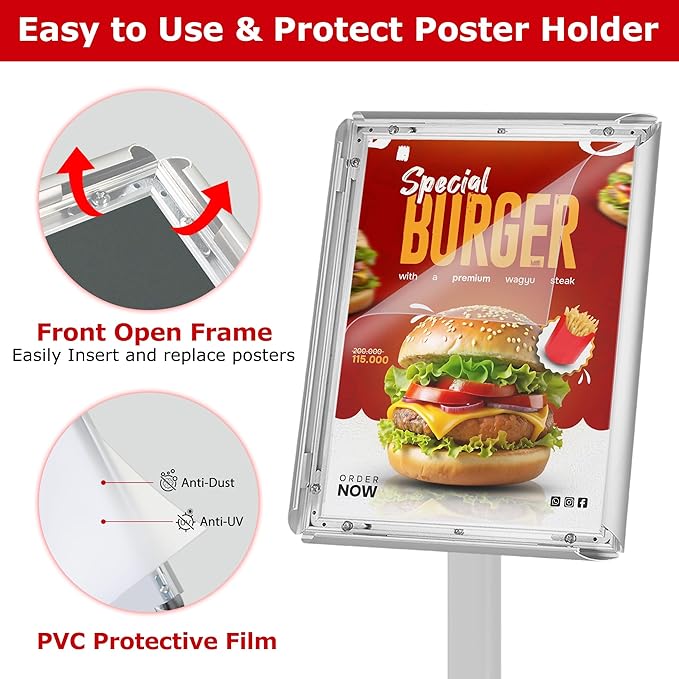 VAIIGO Heavy Duty Standing Sign Holder 8.5x11 Inch - Pedestal Floor Sign Stand with Weighted Base - Vertical & Horizontal View Poster/Menu Holder for Indoor/Outdoor Business Store Advertising, Silver