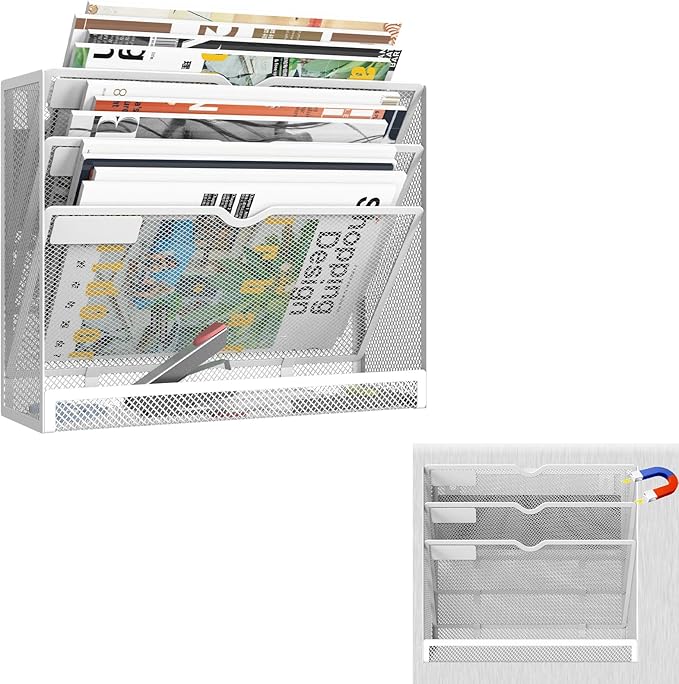 KZWKRG 4 Tier Magnetic File Holder, Large Capacity Mesh Hanging Wall Organizer Vertical Magnetic Hanging File Organizer, Magnetic File Folder Holder for File Cabinets, Office, Whiteboard (White)