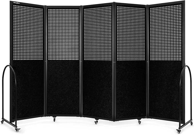 Folding Room Partition,Freestanding Privacy Divider,Portable Office Divider Wall,Commercial Space Partition Screen,Perforated Felt Panel Design,10'6"W x 6'7"H,5 Panel,Black