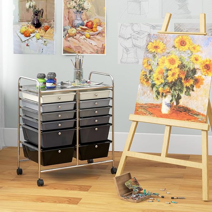 Giantex 12 Drawer Rolling Storage Cart Tools Scrapbook Paper Office School Organizer (Black Gradient)