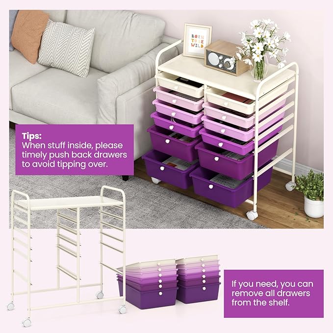 Giantex 12 Drawers Rolling Storage Cart, Classroom Organizers with Wheels for Tools Scrapbook Craft Paper Teacher Office School Supplies (Purple Gradient)