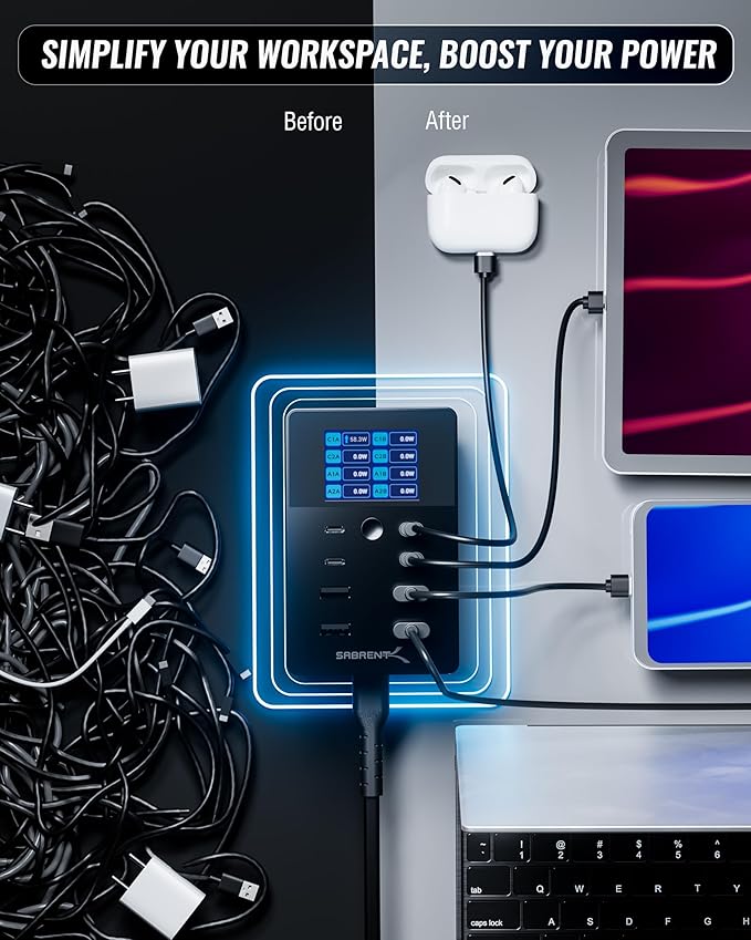 SABRENT Charger, 252W 8-Port Desktop Charging Station w/Real-Time LCD Display, UL Certified | USB C/A, Compatible with MacBook, iPhone, Samsung Galaxy, and Tablets