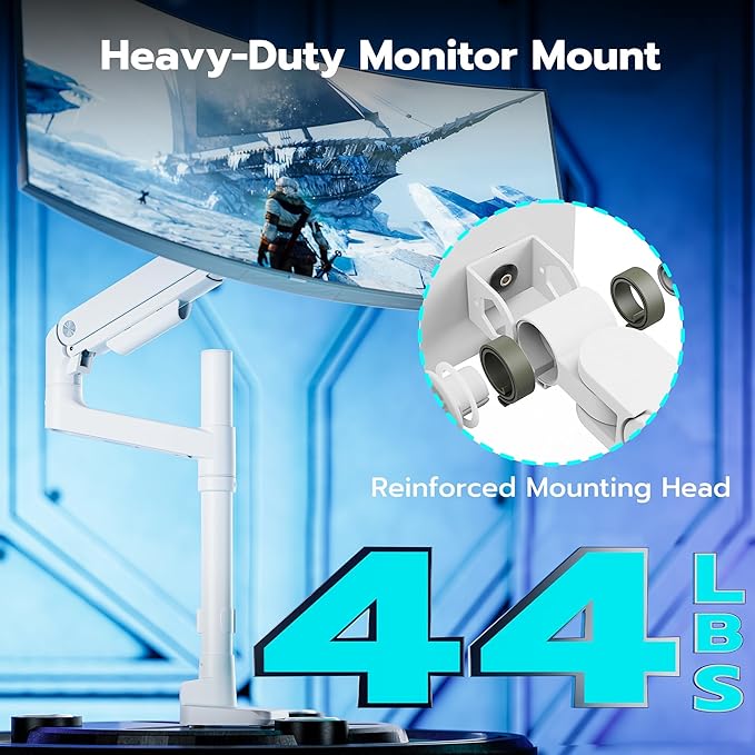 ARES WING Single Monitor Arm Desk Mount for 17-49 Inch Ultrawide Monitors, Heavy Duty Single Monitor Arm Holds 44 lbs, Full Motion Gas Spring Vertical Desk Mount, 75/100 VESA Mount, White