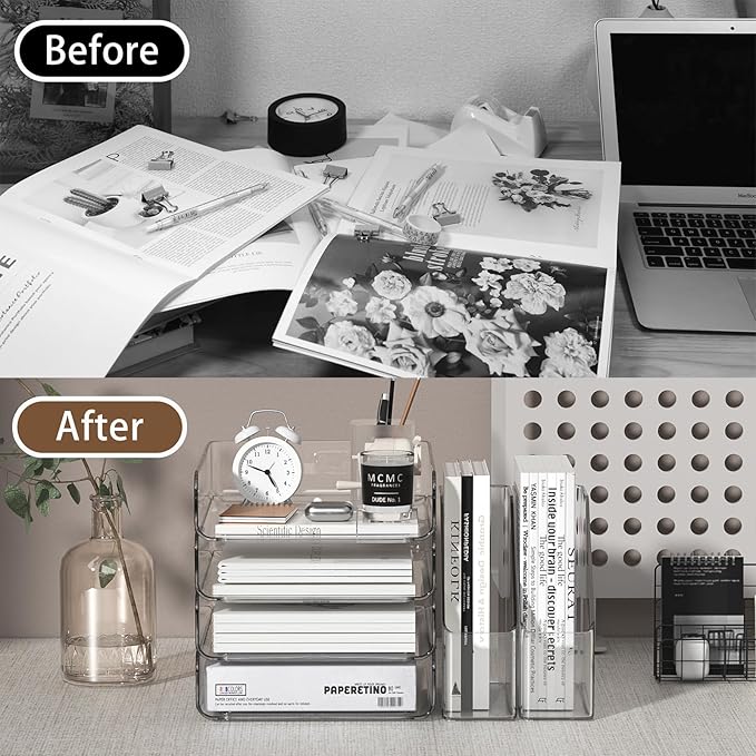 FANXIYQ 4-Tier Brown Acrylic Paper Tray Organizer for Desk + 2 Bookends – Stackable Letter Tray, Acrylic Desk Accessories/File Organizer, Office Paper Organizer