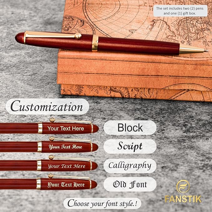 FANSTIK Customized Cherrywood Double Ballpoint Pen Set with Name (MADE IN USA), with Wooden Gift Box, Personalized Gift for Men and Women (BallPoint CherryWood Set)