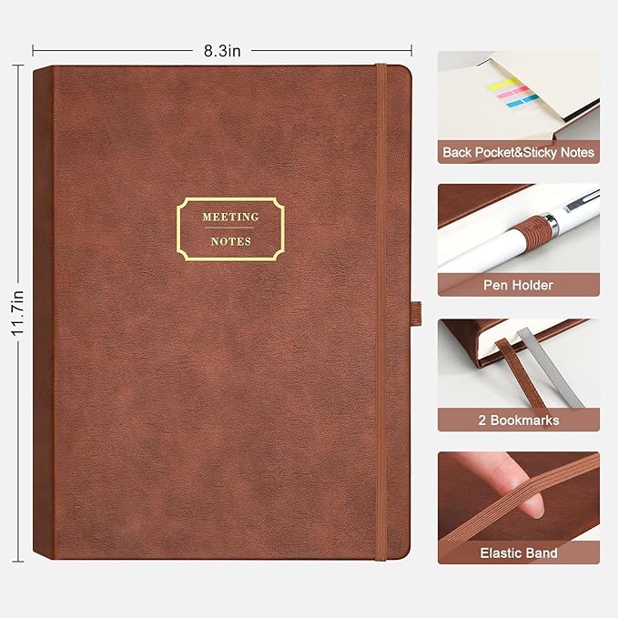 EMSHOI Meeting Notebook for Work with Sticky Tabs - 240 Pages, A4 Size Project Planner, PU Leather Meeting Agenda/Minutes Organizer for Women Men, Note Taking, Office & Business, 8.3"x11.7", Coffee
