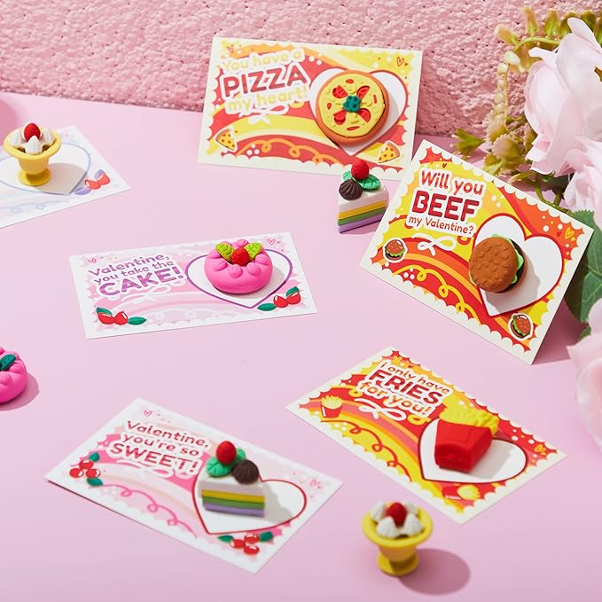 JOYIN 36 PCS Valentines Day Gift Cards with 3D Dessert Erasers for Kid Classroom Cards, Party Favor Toy Card Party Favor, Classroom Prize Supplies, Valentine’s Greeting Cards
