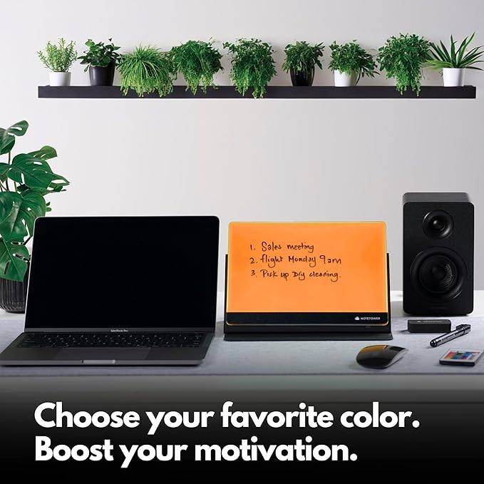 Note Tower LED Color Changing Desktop Whiteboard with Premium PU Leather Stand | Mood Enhancing & Productivity Boosting Dry Erase Light Up Board for Desk | Office, Home, School | Remote & App Control