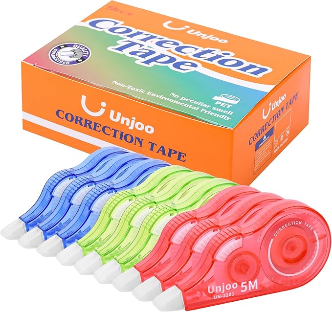 Unjoo White Correction Tape, Easy To Use Applicator, Fast Clean Tear-Resistant Tape For school Supplies, Office (9-pack, 5M/196, Red, Green, Blue, Tape Width 0.2in)