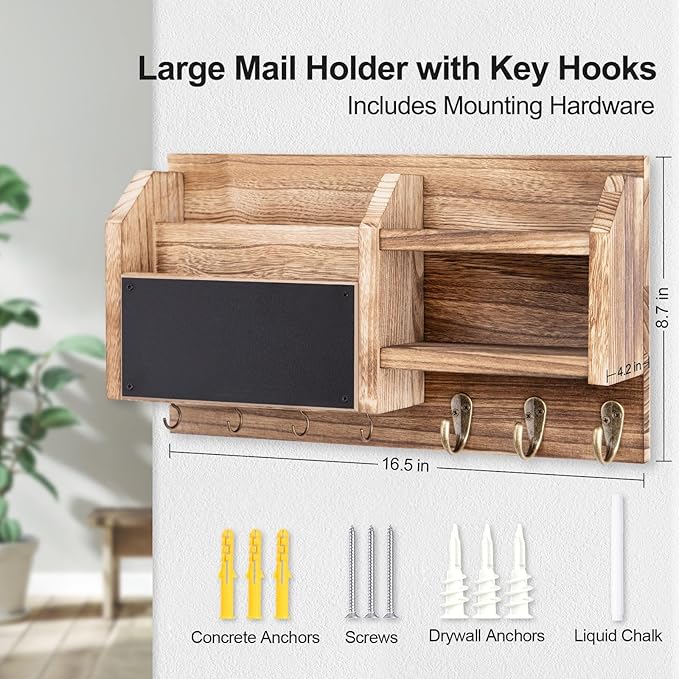Lwenki Mail and Key Holder – Wall Mount Key Hanger with Shelf and 7 Metal Hooks – Decorative Natural Paulownia Wood Entryway Organizer with Mounting Hardware (16.5”W x 8.7”H x 3.5”D) (Wood)