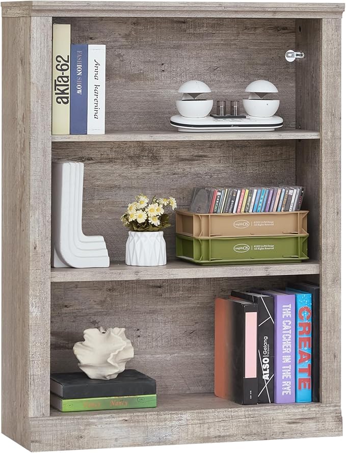 RWYHG 43" Grey Tall Bookshelf Set of 2,3-Tier Thick Wooden Book Shelf with Adjustable Shelves,Free Standing Farmhouse Bookcase with Open Display Storage,Floor Vintage Bookshelves for Living Room