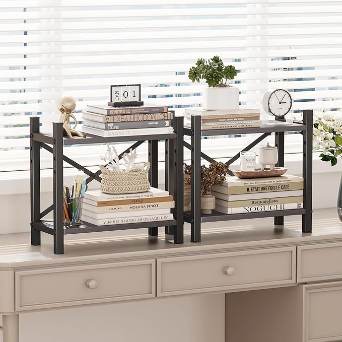 Homeiju Desktop Bookshelf, 4-Tier Stackable Narrow Desk Bookcase, Adjustable Industrial Desk Organizer Display Shelf, Wood Desktop Book Organizer for Living Room, Bedroom and Home Office(Grey)