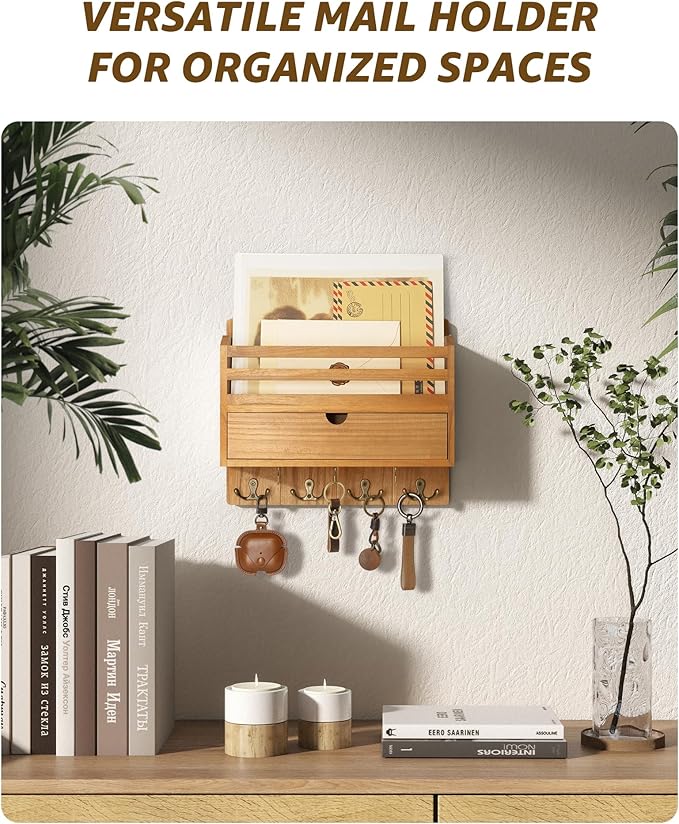 Rebee Vision Modern Farmhouse Mail Organizer with Drawer Organizer - Rustic Key and Mail Holder for Wall with 7 Key Hooks for Apartment Essentials - Aesthetic Home Decor (Light Brown)