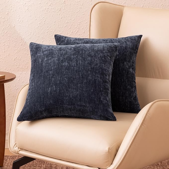 Amazon Basics Chenille Throw Pillow Covers, Home Decor Cushion Cover for Bedroom Living Room Couch Bed, 22" W × 22" L, Navy Blue