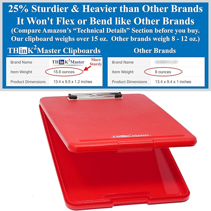 Think2Master Red Plastic Storage Clipboard. | 25% Heavier & 25% Sturdier| Heavy Duty and Won’t Flex or Bend Like Other Brands (Compare The Weight). Storage Compartment Holds 150 Letter Sized Paper.
