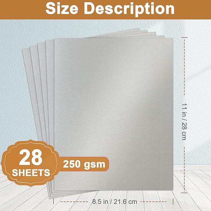 Silunkia 28 Sheets Shimmer Silver Cardstock 8.5 x 11 Metallic Paper, 250gsm/92lb Premium Heavyweight Card Stock for DIY Card Making, Greeting Cards, Wedding Invitations, Paper Crafting