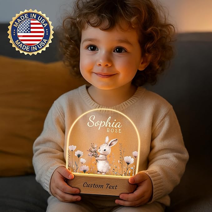 7GEEFT Personalized Baby Gifts for Kids, Custom Animal Acrylic Plaque Sign Name Night Light, Birthday Newborn Baby Shower Gifts for Boys Girls, Children Nursery Room Bedroom Decor, Flower and Rabbit