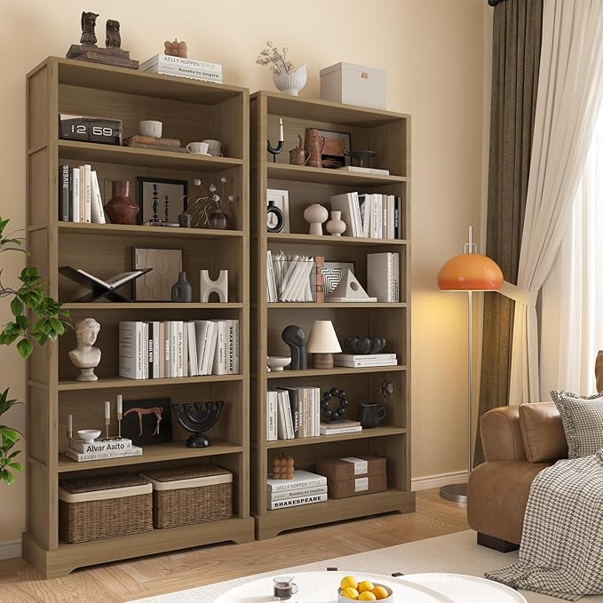 TVU 6-Tier Wooden Bookshelf, 77.2" Tall Farmhouse Style Open Bookcase, 31.5" W Standing Book Shelf with Storage, Suitable for Study, Living Room, Office, Teak
