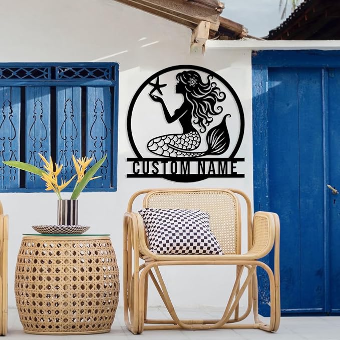 Custom Mermaid Metal Sign,Personalized Mermaid Name metal Signs,Mermaid Wall Decor,Beach Theme Decor, Girls Mermaid Room Decor,Metal Wall Decor (Style-1)