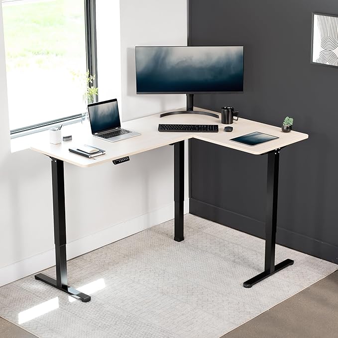 VIVO Electric Corner 63 x 47 inch L-Shaped Standing Desk, Memory Height Adjustment, Light Wood Top Black Frame, DESK-E3CTC-47