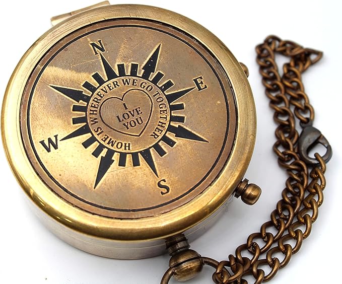 US HANDICRAFTS Home is Wherever Engraved Brass Compass with Wooden Case | Romantic Anniversary, Engagement, Wedding Gift for Boyfriend, Husband, & Loved Ones, for Him or Her