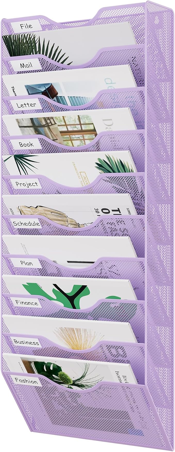 EasyPAG 10 Pocket Mesh Wall File Organizer, Hanging Paper Folder Holder with Classify Label, Vertical Wall Mount Mail Organizer for Office Home Classroom, Purple