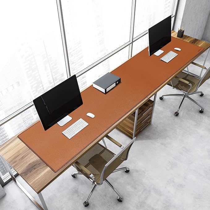 ZORESYN PU Leather Desk Mat Waterproof Anti-Oil Dining Table mat - 66.9" x 19.7" - Non-Slip Mouse Pad,Large Desk Pad with Suede Base,Stitched Edges Computer Desk Mat for Gamer,Office & Home | Brown
