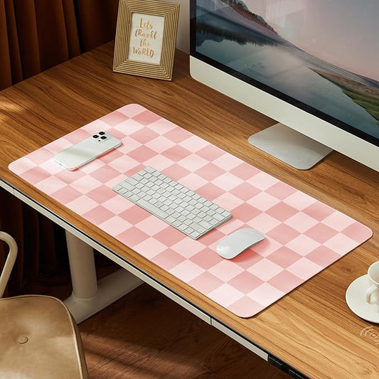 Ohocut Checkered Desk Mat, 31.5" x 15.7" Large Cute Coral Pink Aesthetic Retro Accessories, PU Leather Computer Laptop Desk Mat, Mouse Keyboard Pad, Desk Writing Makeup Mat for Vanity/Work/Home Decor