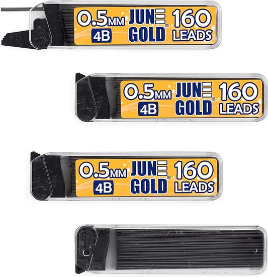 June Gold 640 Pieces, 0.5 mm 4B Lead Refills, 160 Pieces Per Dispenser, Fine Thickness, Break Resistant Lead/Graphite (Pack of 4 Dispensers)