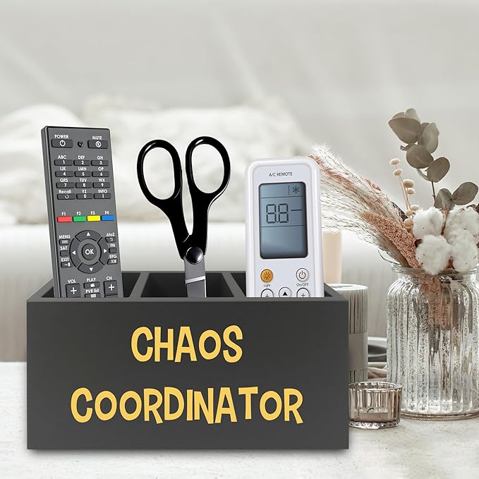 XPH Chaos Coordinator Black Yellow Pen Pencil Holder Organizer for Desk, Thank You Gifts for Women Men Coworkers Boss Leader Manager, Appreciation Gifts Wooden Box Sign for Desk Tabletop Decorations