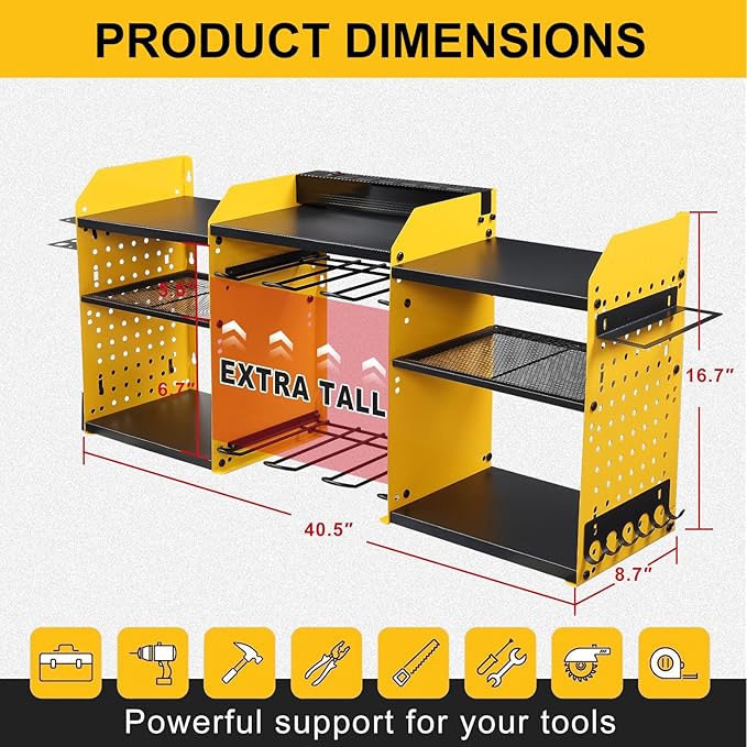 ERVNYNT 3 layers power tool organizer Loads 150lbs with 6 Cordless Drill Holder and 6 Outlet Power Strip,it’s good choice for husband birthday gift,yellow