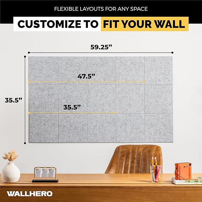 Vision Board, Cork Board for Walls, 59"x36" | 15 Pack | Felt Bulletin Board, Large Cork Board for Office, Wall Protector for Dart Board, Corks Boards, Felt Board Tiles (Gray Marble)
