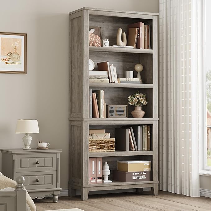 IDEALHOUSE 71" Farmhouse Bookshelf w/Adjustable Shelves & 31.5 in Whidth, 5 Tier Tall Bookshelf with Wooden Legs, Vintage Wooedn Book Shelf for Living Room Office (Gray, 71.3" H x 31.5" W x 11.8" D)