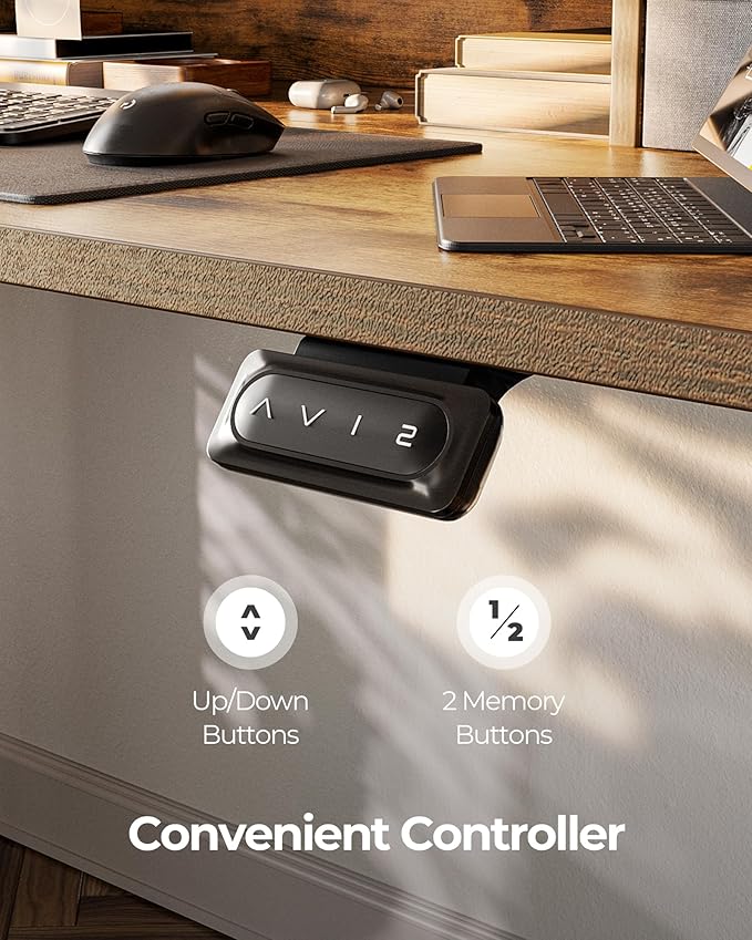 FEZIBO 55'' x 24'' Height Adjustable Electric Standing Desk with Double Drawer, Computer Workstation, Home Office Stand Up Table with 4 Height-Adjustable Feets & 2 Hooks, Vintage Brown