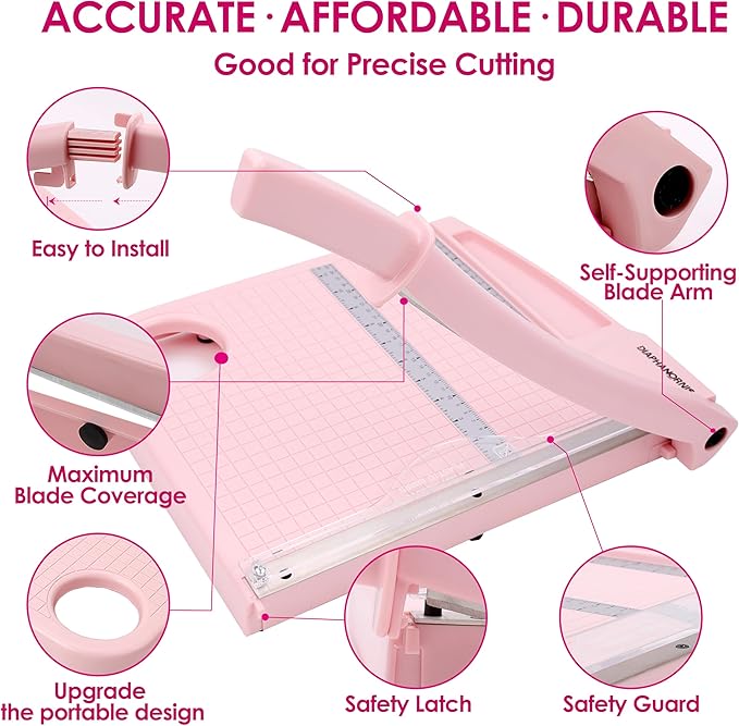 Paper Cutter,Paper Trimmer12" Cutting Length Heavy Duty Guillotine Paper Slicer with Safety Guard and Blade Lock,12 Sheets Capacity,Ideal for Offices,Homes,Printing Shops,Photo Studios (13079PINK)