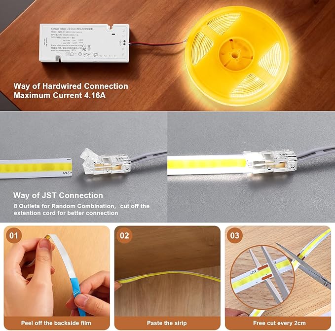CUBITOR Under Cabinet Led Light Strip kit,2 Roll x 16.4ft Cuttable 6500K COB,Diffused Power with 8 JST & 2 Hardwired Outlets,Touch Sensor for Gun Safe Case,Book Shelf,Floating Shelf,Slat Wall Panel