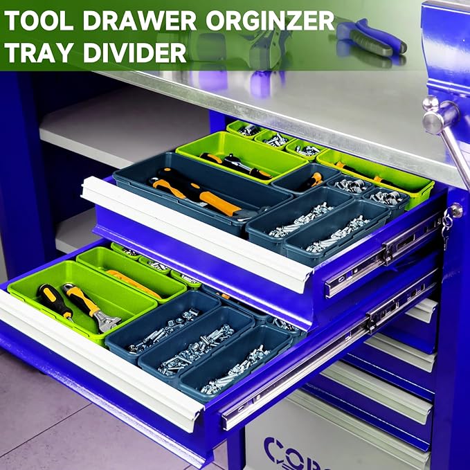 FLYVOLE Tool Box Organizer Tray, Toolbox Desk Drawer Organizer, Tool Box Tray, Toolbox Organization Storage for Rolling Tool Chest (60PCS (Blue+Green))