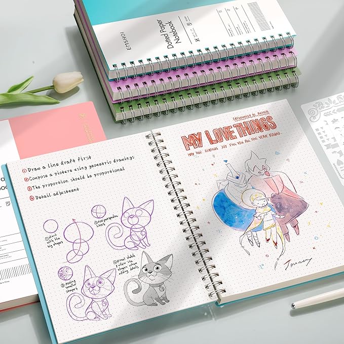 EMSHOI A4 Spiral Dotted Notebook, 11.2”x8.27” 300 Pages Bullet Dot Grid Journal, 100gsm Thick Paper, Waterproof Softcover with Twin-Wire Binding for School, Work, Writing, Light Blue