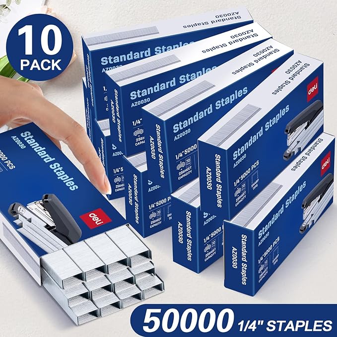 Deli Staples, 50000 Staples, Standard Staples for Desktop Staplers, 1/4'' Length, 210/Strip, 10 Boxes of 5000 Each