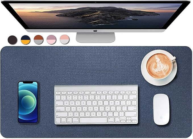SUJAYU Dual Sided PU Leather Desk Pad, Mouse Pad, Office Desk Mat, Non-Slip Laptop Desk Pad, Waterproof Desk Writing Pad for Office and Home (23.6" x 11.8", Dark Blue + Yellow)