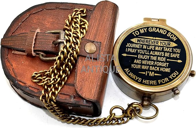 Vintage Brass Pocket Compass Gift for Grandson “to My Grandson” Engraved Compass with Leather Case & Chain | Meaningful Keepsake for Grandson | Birthday Gift | Graduation Day Gifts