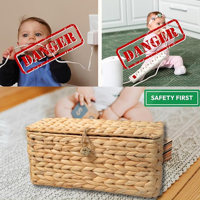 BINH YEN HOME Wicker Cable Management Box with Lid, A Handwoven Water Hyacinth Cords Hider Box for TV, Computer, Router, USB Hub to Hide Cords & Power Strip for Desk, Floor, Office, 16x6.9x6.9”