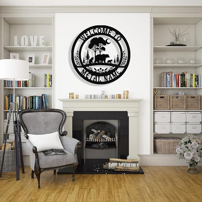 Custom Bear Metal Sign, Custom Bear Metal Wall Art Decor, Personalized Last Name Welcome Signs for Home, Rustic Farmhouse Black Wall Decor for Cabin, Outdoor Porch