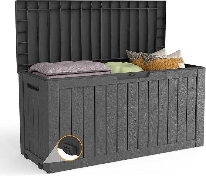 Decksplore 75 Gallon Outdoor Storage Box with Wheels, Waterproof Lockable Resin Deck Box Patio Storage Bin for Pool Accessories Cushion Furniture, Garden Tools, UV-Resistant Outside Delivery Black
