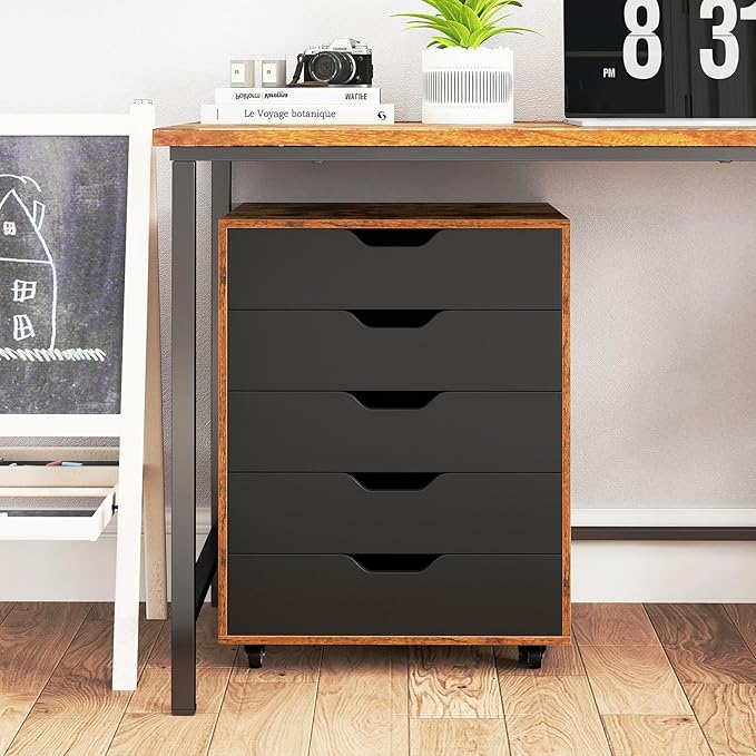 Giantex 5-Drawer Storage Cabinet with Drawers, Wheels, Rolling Lateral Filing Under Desk, Chest, 19.5" x 16" x 25.5" Office Mobile File Cabinet for Living Room, Study